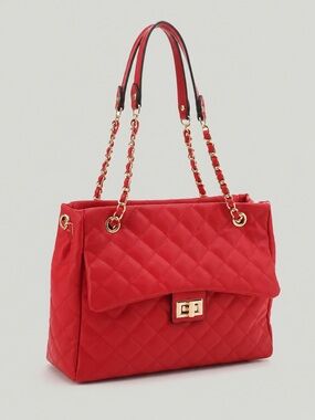 Quilted Red Shoulder Bag with Gold Chain Straps